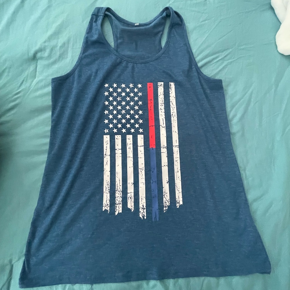 Blue Women's Racerback Tank with Distressed Flag Print